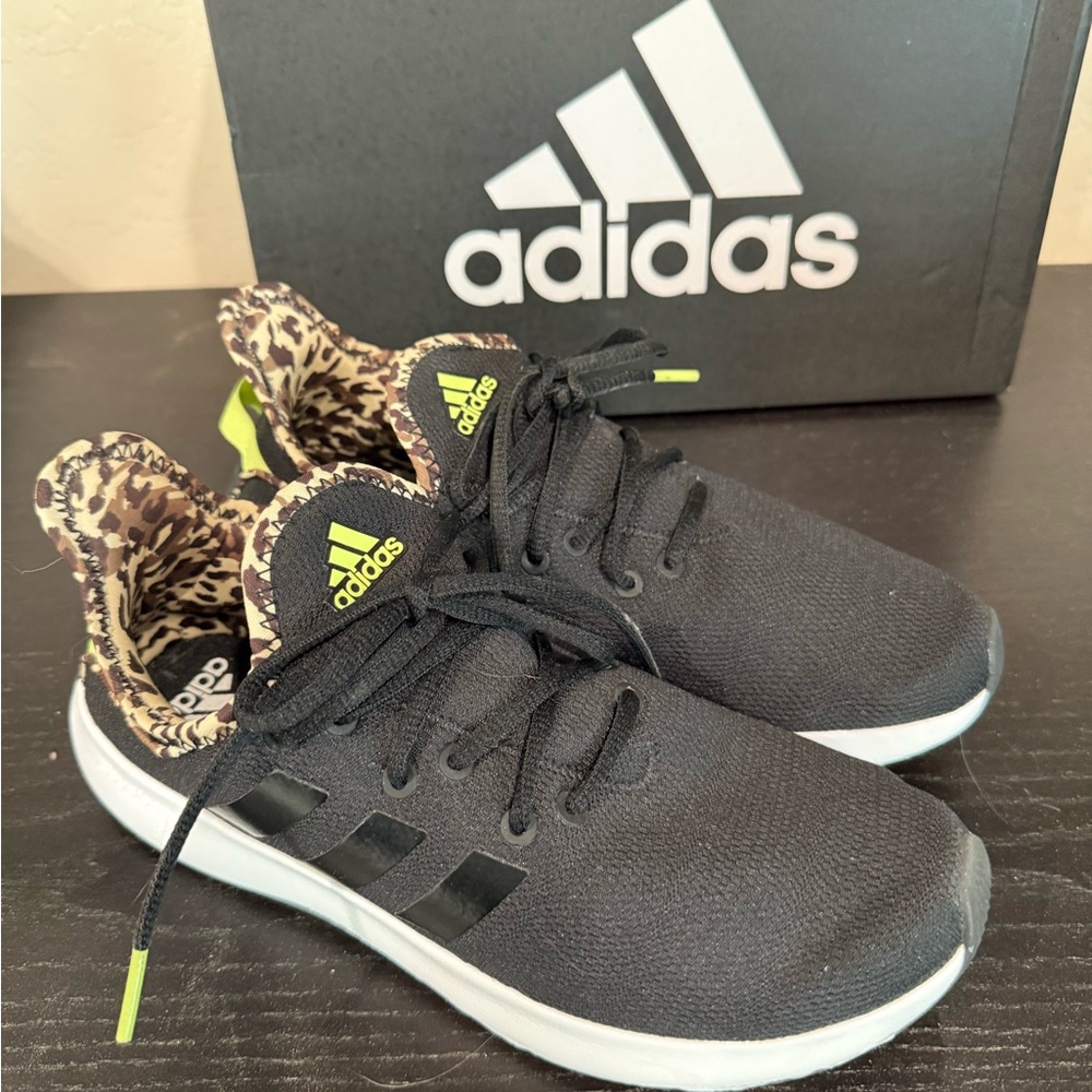 Adidas Black and Neon Green Sneakers with Leopard Accent